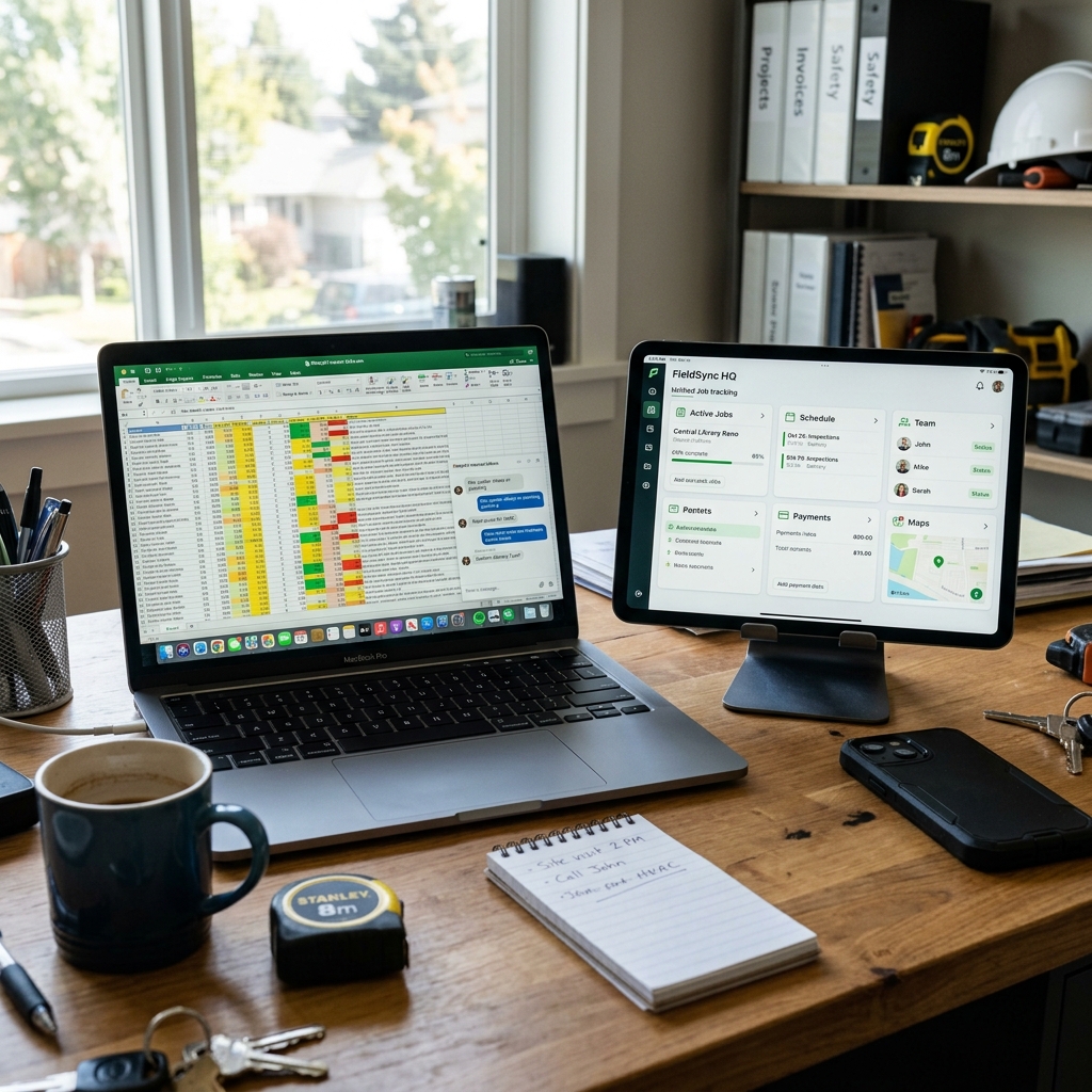 Side-by-side comparison of a chaotic spreadsheet on a laptop next to a clean custom app on an iPad
