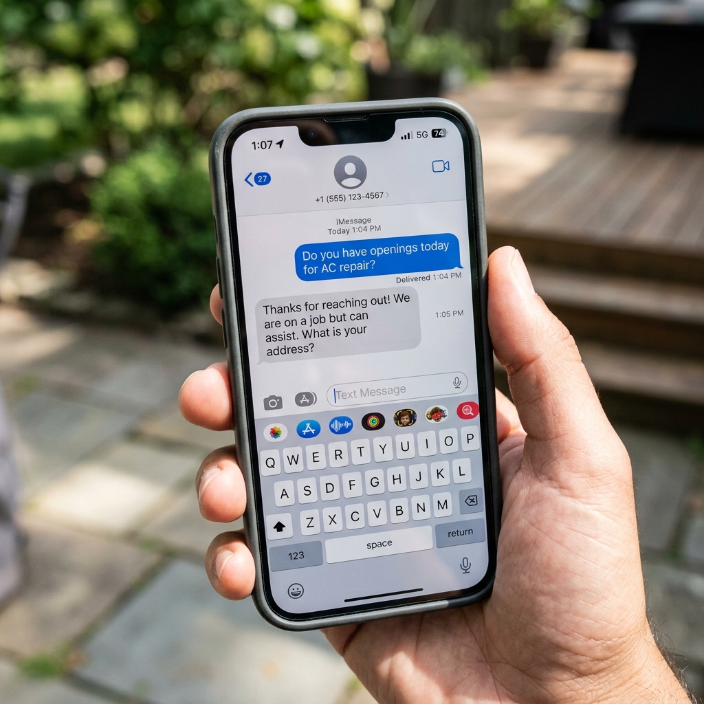 SMS conversation screen showing instant text response back to AC customer