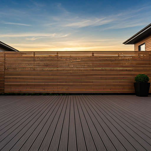 Luxury modern backyard with horizontal wood fence and composite deck at sunset