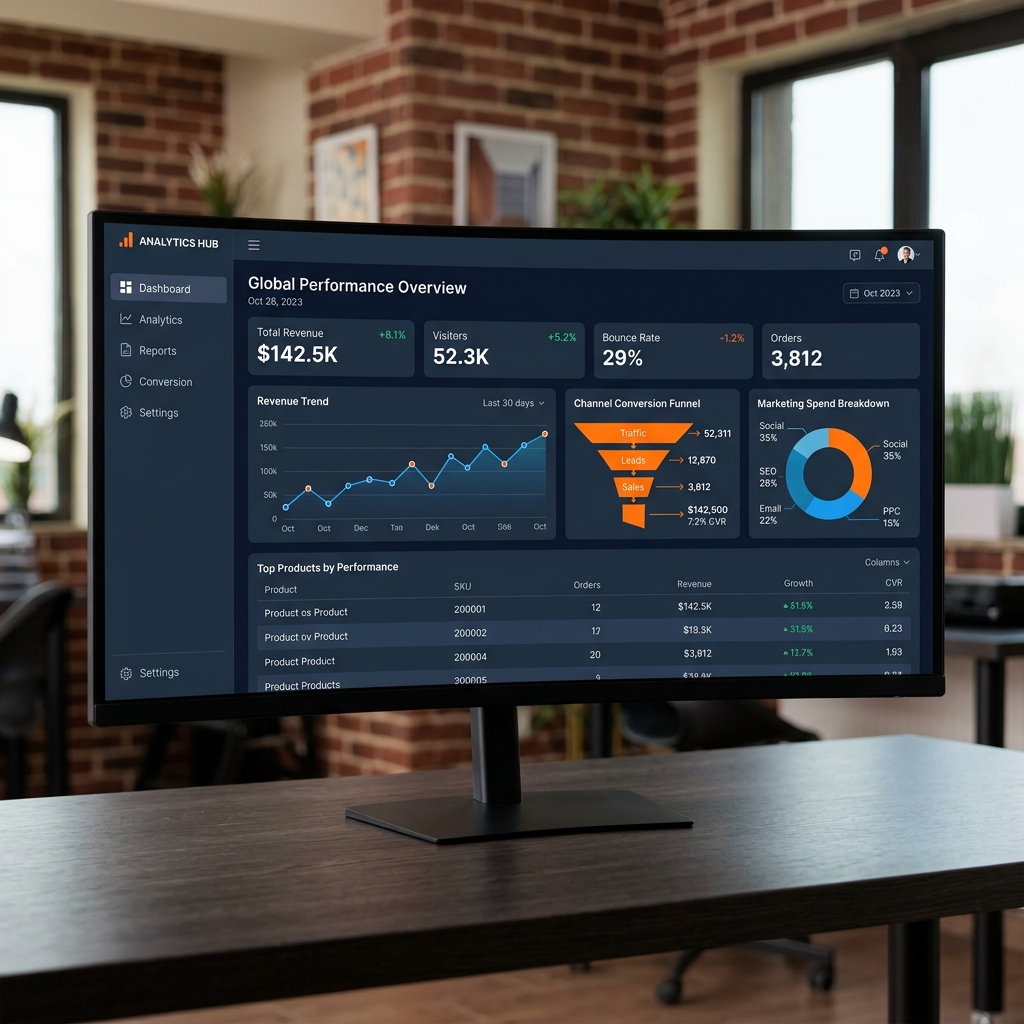 Analytics dashboard software mockup on ultrawide monitor
